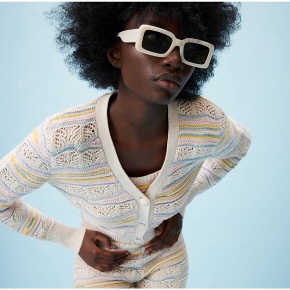 Zara Pastel Stripe Pointelle Knit Crochet Cardigan Sweater Mediuim - Picture 1 of 11